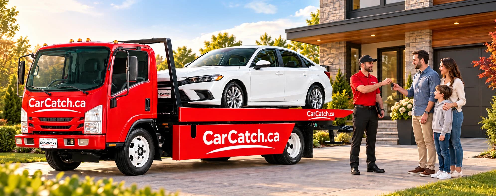 CarCatch.ca tow truck delivering a vehicle to a happy family